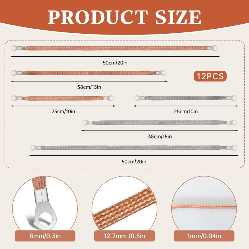 Tinsky 12PCS Automotive Ground Straps, 10/15/20 Inch Tinned Copper Braided Grounding Straps with Ring Terminals, Automotive Ground Cables for Car, Truck, RV, Boat, Motorcycle - Image 2